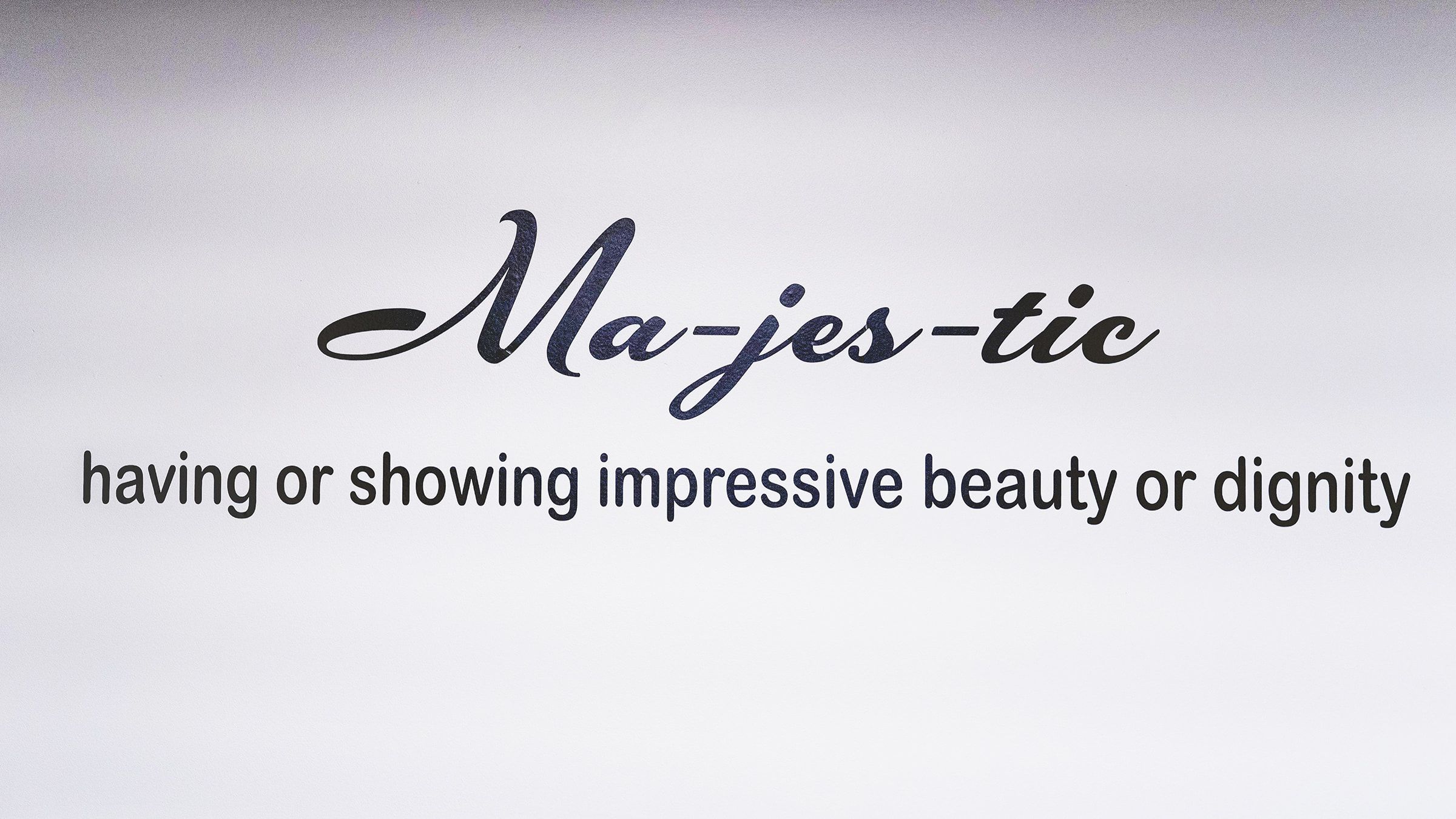 Ma-jes-tic, having or showing impressive beauty or dignity, hand-lettered on the spa wall